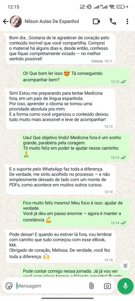 Depoimento de aluno praticando espanhol com áudios e suporte via WhatsApp